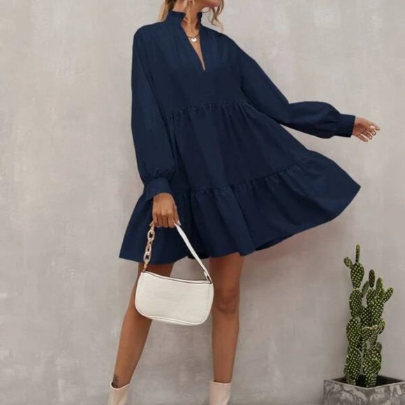 Navy Blue Babydoll Mini Long sleeved Dress - Picture 2 of 7